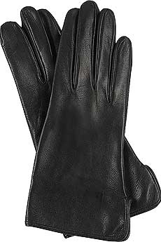Black leather gloves with signature lining.