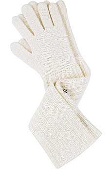 Cream cashmere gloves with elongated ribbed sleeves.