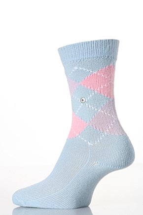 Ladies 1 Pair Burlington Original Extra Soft Argyle Sock In 19 Colours Sky Blue / Pink / Lilac