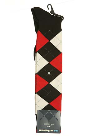 Mens 1 Pair Burlington Golf Argyle Knee High Sock Black / White / Red