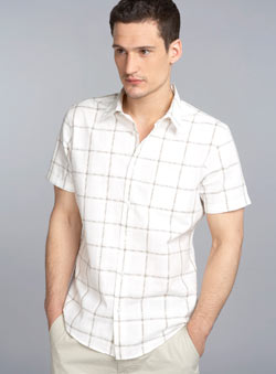 Cream Short Sleeve Check Fitted Shirt