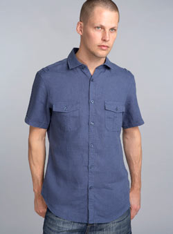 Navy Short Sleeve Linen Fitted Shirt