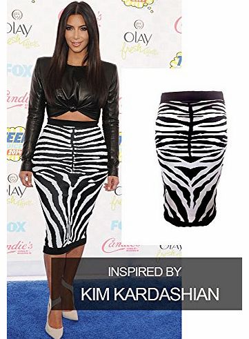 (R) Womens Celebrity Style Kim Kardashian Zebra Midi Dress Wet Look Leather Knot Top (UK 10, Zebra Print Skirt & crop Top)