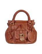 Brown Italian Leather Lock Tote Shoulder Bag