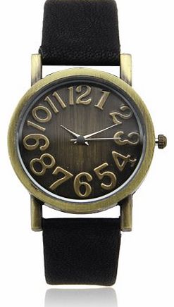 Hot-sale lady retro leather band large round dial women wrist watch quartz watch Black