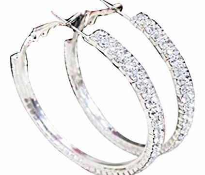 buytra Fashion 2 1/5`` Silver Plated 2-Row Cubic Zirconia Womens Hoop Earrings