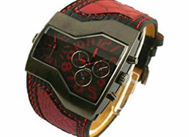 buytra NEW Military Mens Watch with Dual Movt Dial Leather Band - Red