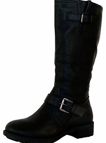 B5F New WomensFashion Winter Mid Calf Boots Black Faux Leather Size 4 UK