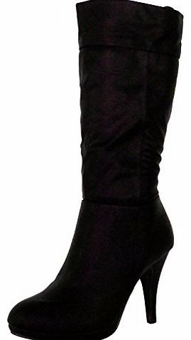 B6O Womens Mid High Stiletto Heel Mid Calf Boots Black Faux Leather Size 5 UK