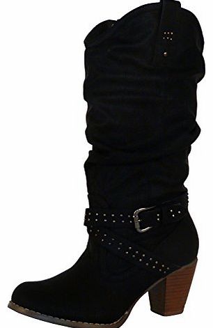 B6P Womens Mid High Heel Western Mid Calf Boots Black Faux Leather Size 5 UK