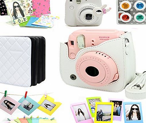 CAIUL Fujifilm Instax Mini 8 Instant Camera Accessory Bundles Set (Included: White Mini 8 Vintage Case Bag/ White Diamond Style Instax Mini Book Album/ White Rabbit Design Mini 8 Close-Up Lens(Self-Portrait