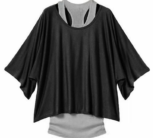 1x Loose Batwing Tops Blouses T Shirt + 1x Vest Top (XXL, Black)