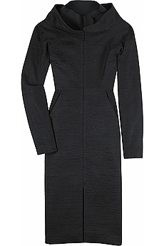 Black silk-and-wool blend coat with a stand up double collar.