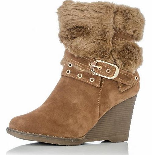 Eyelet Fur Wedge Ankle Boots