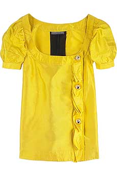 Bright yellow silk blouse with a vertical pleated button trim ruffle.