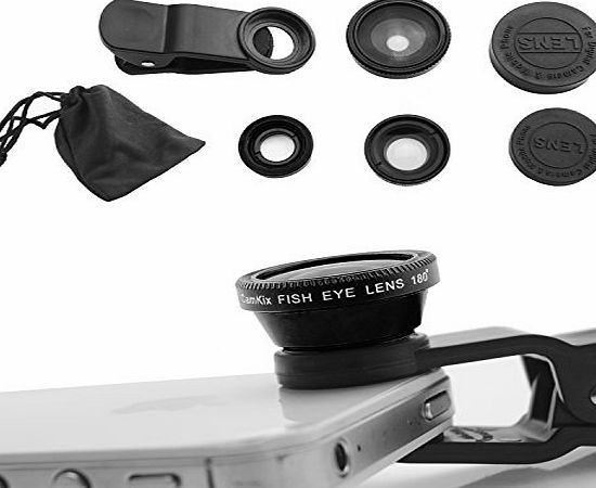 Universal 3 in1 Camera Lens Kit for Smart phones includes One Fish Eye Lens / One 2 in 1 Macro Lens and Wide Angle Lens / One Universal Clip / One Microfiber Carrying Bag / with Camkix? Retail Packagi