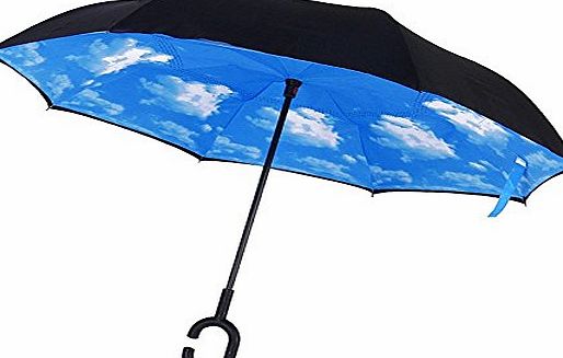 Candora Upside Down Reverse Umbrella, Windproof Outside Folding Double Layer Inverted, Self Standing Inside-Out, C-Shaped Free Hand Handle Blue Sunny Sky Long Inverted Umbrellas