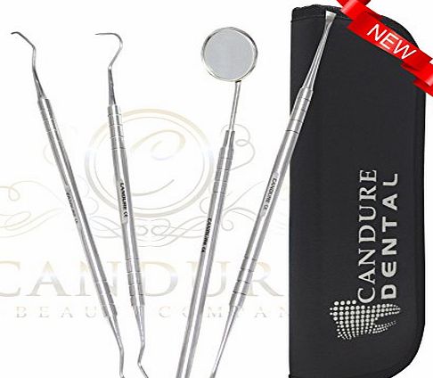 CANDURE - Dental Hygiene Kit of 4 pieces - Calculus amp; Plaque Remover set - Tooth Scraper - Oral Care Deep Teeth Cleaning Tools - Dental probe - Includes Real Glass Dental Inspection Mirror, - Rus