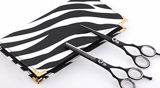 CANDURE Professional Hairdressing Barber Hair Cutting Thinning Razor Scissors set 5.5``, New Black with white jewels on Screw Plus Scissors Pouch/Case