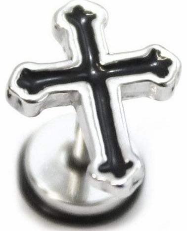 Caprilite Medival Cross Silver and Black Surgical Stainless Steel Stud Earring Body Jewellery Fake Stretcher Mens Gothic Top Tragus
