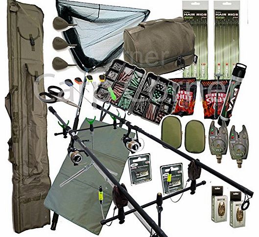Complete Carp Fishing Set up With Rods Reels Alarms Tackle Hooks PVA Carryall