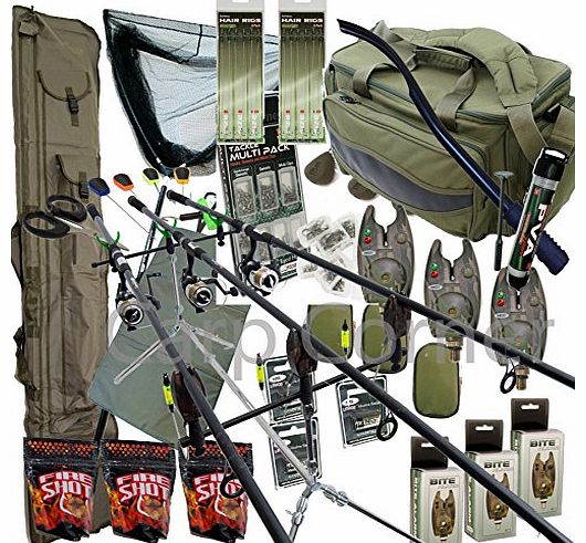 Deluxe Carp Fishing Set up With 3x Rods Reels Alarms Tackle Hooks PVA Carryall