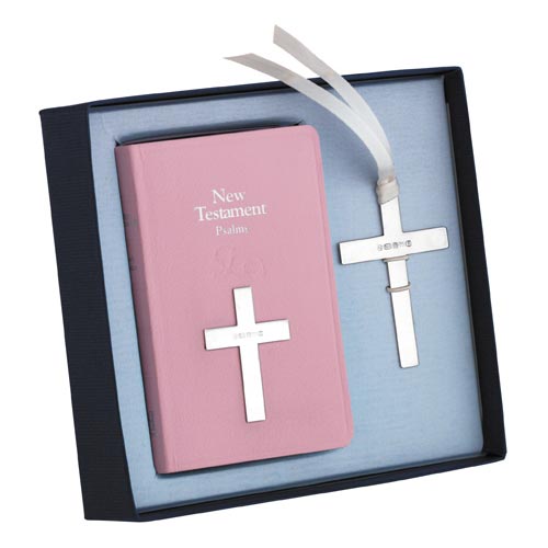 Carrs Of Sheffield Cross Pink Bookmark and New Testament In Sterling Silver By Carrs Of Sheffield
