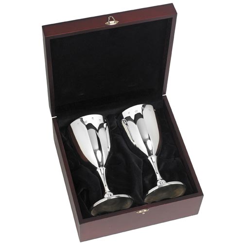 Carrs Of Sheffield Pair Of Goblets In Mahogany Finish Presentation Case In Sterling Silver By Carrs Of Sheffield