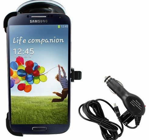 Samsung Galaxy S4 I9500 Ultimate In Car Mount Holder with Rotatable Body and Stick On Push Security Button + Micro USB Car Charger