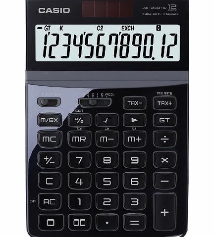 Casio JW-200TW-BK Solar-Powered Desk Calculator with Glossy Metal Finish 12 Digits Large LC Display Black
