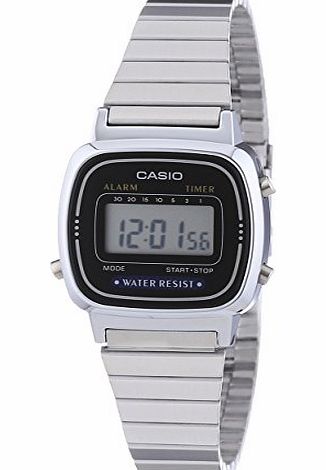 Casio Womens Quartz Watch with Black Dial Digital Display and Silver Stainless Steel Bracelet LA670WEA-1EF with Countdown Timer