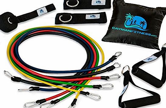Cayman Fitness Premium Resistance Band Set. The Exercise Band Set Comes with 5 Heavy Duty Bands, Door Anchor, 2 Neoprene Lined Ankle Straps, 2 Comfortable Handles, Carrying Case, Includes Downloadable