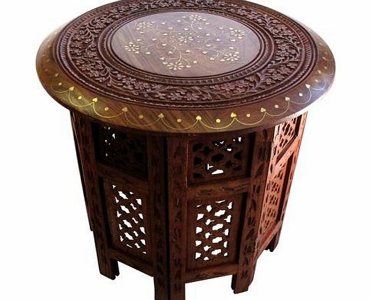 CE Hand Made Items Indian Hand Carved 15`` Table with Brass Inlay