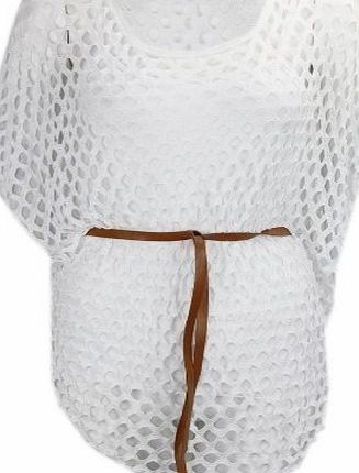 CELEB LOOK G22 WOMENS CROCHET BATWING STYLE KNITTED BELTED HOLEY JUMPER LADIES DRESS TOP (ONE SIZE (UK 08-14), WHITE)