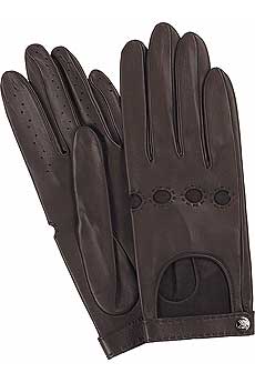 Brown leather driving gloves with a logo press stud fastening on the cuff.
