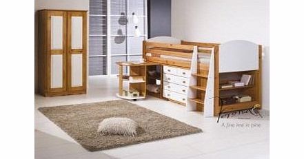WHITE MIDSLEEPER CABIN BED, WITH CHEST OF DRAWERS, PULL OUT DESK, BOOKCASE AND TWO DOOR WARDROBE FROM CENTURION PINE