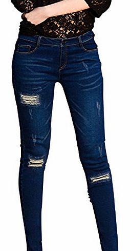 Chalmart-SY SY Womens Fashion Hole Slim Fit Denim Pencil Pant Jeans S Blue