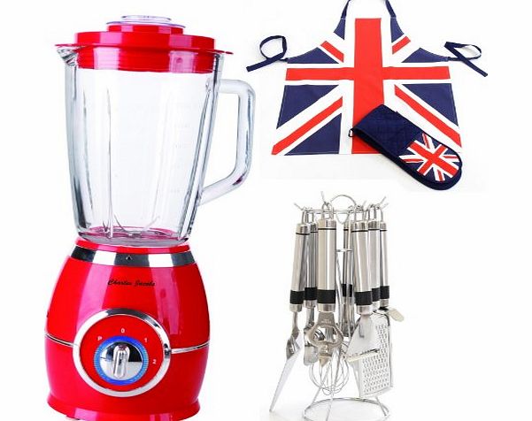 Charles Jacobs 1.5L Solid Glass Jug Powerful Food Blender with 2 Speeds plus Pulse in Red with Apron and Gloves Set