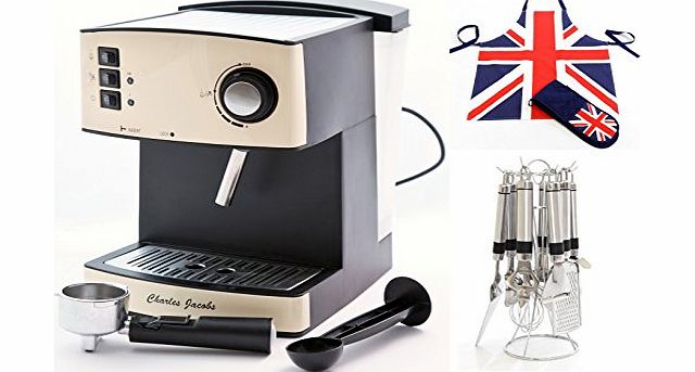 Charles Jacobs 15 Bar Pump COFFEE MACHINE - Espresso Italian Style in Cream/Brushed Metal 1 Year 5 Star Warranty with Utensils, Apron and Gloves Set