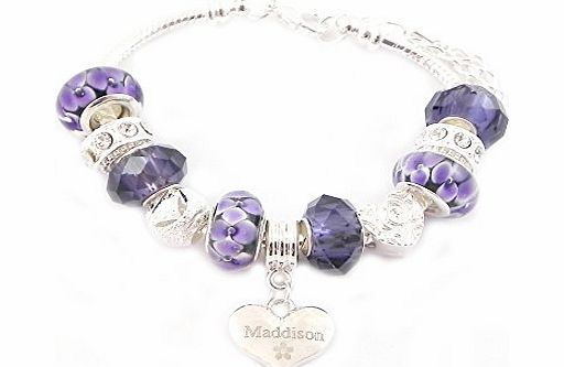 Charmed Jewellery Personalised Engraved Name Purple Charm Bracelet Girls Pandora Style