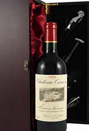 Chateau Canon Bordeaux 1995 Vintage Wine presented in a silk lined wooden box with four wine accessories