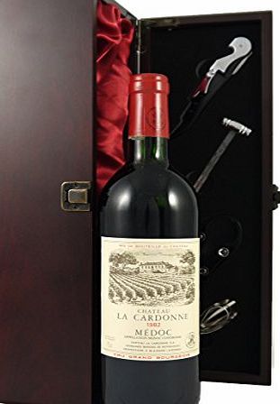 Chateau Cardonne Medoc Cru Bourgeois 1982 Vintage Wine presented in a silk lined wooden box with four wine accessories
