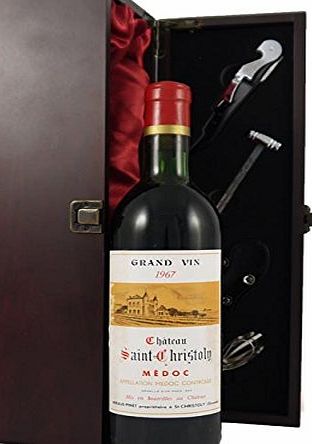 Chateau Saint Christoly 1967 Medoc Vintage Wine presented in a silk lined wooden box with four wine accessories