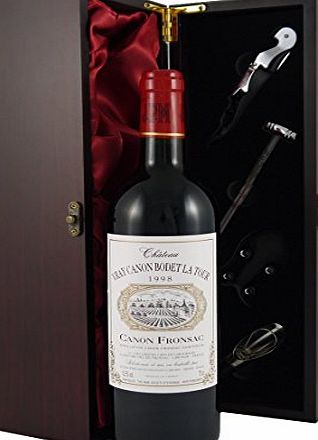 Chateau Vray Canon Bodet La Tour Bordeaux 1998 Vintage Wine presented in a silk lined wooden box with four wine accessories