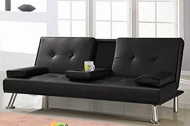 checknow 3 Seater Manhattan Modern Faux Leather Sofa Bed, With Drinks Table amp; Cushions(Black)