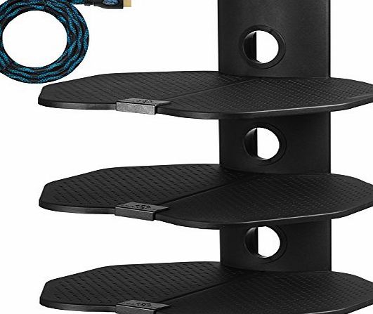 Cheetah Mounts AS3B Three (3) Shelf TV Component Wall Mount Shelving Bracket with 18x16`` (46x40cm) Shelf, 15 (4.5m) Twisted Veins HDMI Cable and Cable Management for Cable or Satellite Box, DVD Player