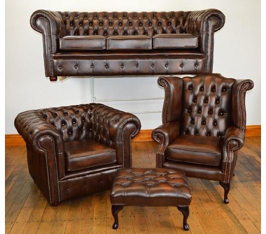 Chesterfields Direct Chesterfield four piece suite top quality in antique brown leather
