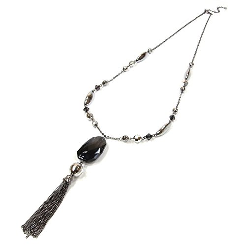 Beaded Tassel Black and Silver Long Costume Jewellery Necklace - Includes Lovely gift bag - Ideal jewellery present - Womens Costume jewellery necklace.