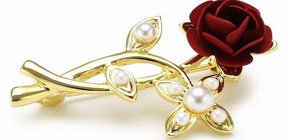 Gold Plated Red Rose With Pearls Flower Brooch
