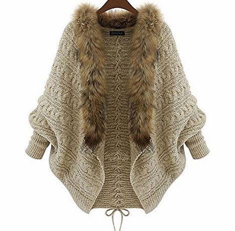 CHIC*MALL Women Loose knitting cardigan bat sleeve fur collar sweater